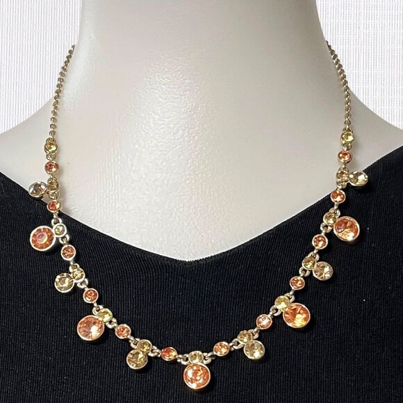 Gold Tone Orange Rhinestone Necklace Statement Bib Sparkle Date Night Jewelry - Picture 1 of 5